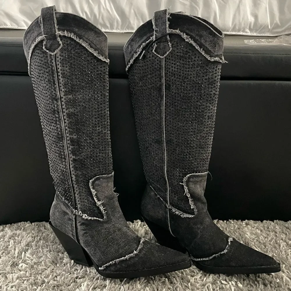NWT Zara Rhinestone Denim Cowboy Boots - Picture 5 of 12